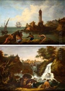 Cascada Con Personajes Y Pescadores Con Barca (pair)