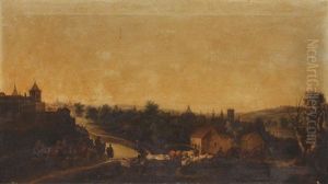 View Of A Spanish Town With Figures On Horseback And Workers With Cattle by Andres Cortes y Aguilar