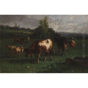 Cows And Sheep In A Pasture by Andres Cortes y Aguilar