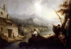 Pastor Con Ovejas (+ Campesinos Y Pescador; Pair) by Andres Cortes y Aguilar