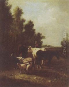 Cows, Donkey And Sheep by Andres Cortes y Aguilar