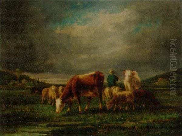 Hirte Mit Kuhen, Schafen Und Hund In Landschaft - view 1