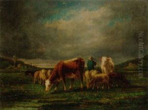 Hirte Mit Kuhen, Schafen Und Hund In Landschaft