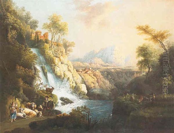 Paisaje Idilico Con Cascada Y Rebano - view 1