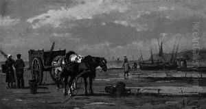 Fischer Mit Pferdefuhrwerk Am Strand by Andres Cortes y Aguilar
