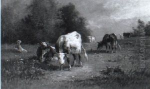 Cows Grazing On A Hillside by Andres Cortes y Aguilar