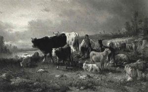 Troupeau De Vaches Et Moutons by Andres Cortes y Aguilar