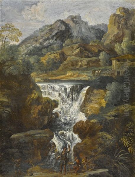 Mountainous Landscape With A Waterfall, With Fishermen In The Foreground - view 1
