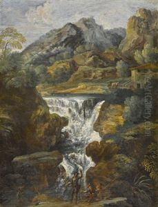 Mountainous Landscape With A Waterfall, With Fishermen In The Foreground Mountainous Landscape With A Waterfall, With Fishermen In The Foreground