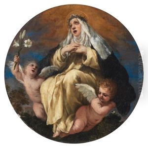 Saint Catherine Of Siena With Two Putti 39.4cm (15 1/2in). Diameter Saint Catherine Of Siena With Two Putti 39.4cm (15 1/2in). Diameter