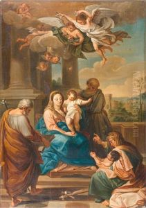 Heilige Familie Bekront Von Engeln Mit Blumen by Domenico Corvi