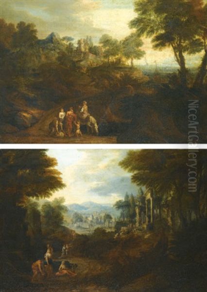 Italianate Landscapes With Riders And Classical Ruins (pair) - view 1