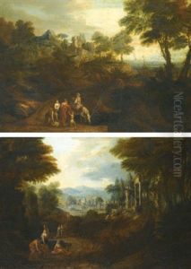 Italianate Landscapes With Riders And Classical Ruins (pair) by Jan Joost van Cossiau