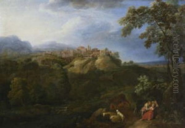 Italienische Ideallandschaft, Im Vordergrund Ein Hirtenpaar Mit Herde - view 1