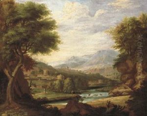 An Extensive Classical Italianate Landscape With Men By A River, A Town Beyond