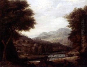 An Extensive Italianate Landscape With Figures Beside A River by Jan Joost van Cossiau