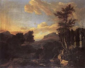 An Italianate Landscape With Figures Resting Before A Fountain