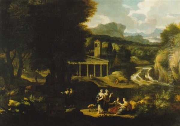 A Mountainous Classical Landscape With Figures Conversing In The Foreground - view 1