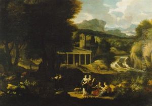 A Mountainous Classical Landscape With Figures Conversing In The Foreground