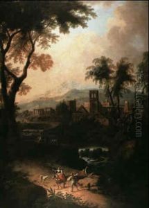 An Extensive Landscape With Figures Conversing On A Path Before A Waterfall by Jan Joost van Cossiau