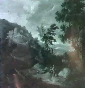 An Italianate Landscape With Peasant Women On A Path, A For Tified Village On A Hilltop Beyond. by Jan Joost van Cossiau