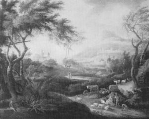 An Extensive Mountainous Riverlandscape With A Shepherd And Shepherdess In The Foreground by Jan Joost van Cossiau