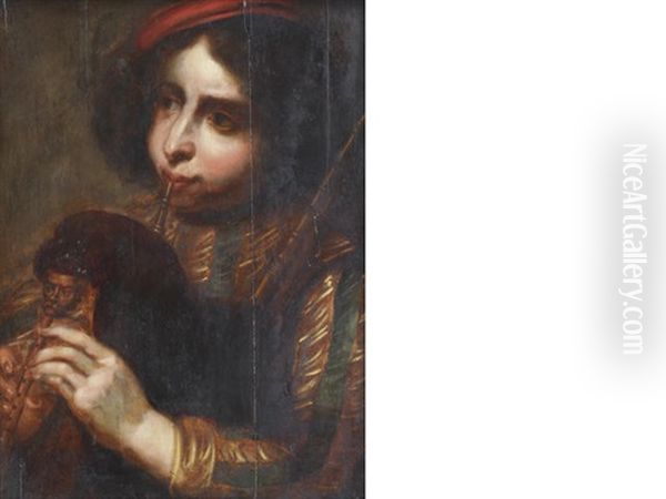 Portrait Of A Boy Playing The Pipes - view 1