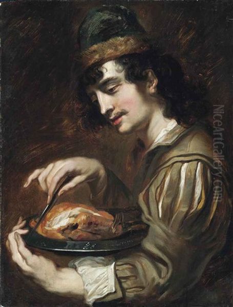 A Man Holding A Pewter Charger With A Chicken - view 1