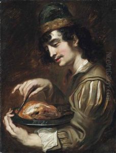 A Man Holding A Pewter Charger With A Chicken by Jan Cossiers