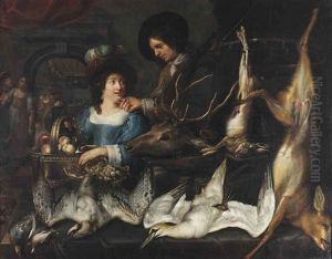 A Man And A Woman With The Day's Hunt, The Head Of A Red Deer, A Hare, A Roe Deer, A Hawk, A Northern Gannet And Fruits Displayed On A Table... by Jan Cossiers