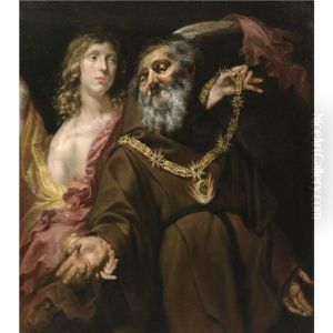 Saint Francis Of Paola Receiving The Arms From Saint Michael In A Vision by Jan Cossiers