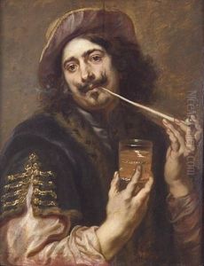 Portrait Of A Gentleman (adriaen Brouwer?) In A Dark-blue Fur-trimmed Coat And A Scarlet Hat, Smoking A Pipe And Holding A Glass