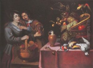 A Gentleman Courting A Maid Holding A Copper Basket And Roemer By A Draped Table With A Basket Of Fruit, Dead Game And A Parrot