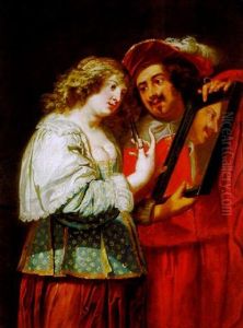 Kavalier, Der Einer Dame, Die Sich Die Locken Wickelt, Den Spiegel Vor Das Gesicht Halt