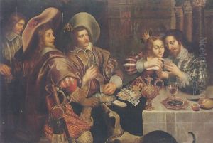 Elegant Figures Seated Around A Table Playing Cards by Jan Cossiers