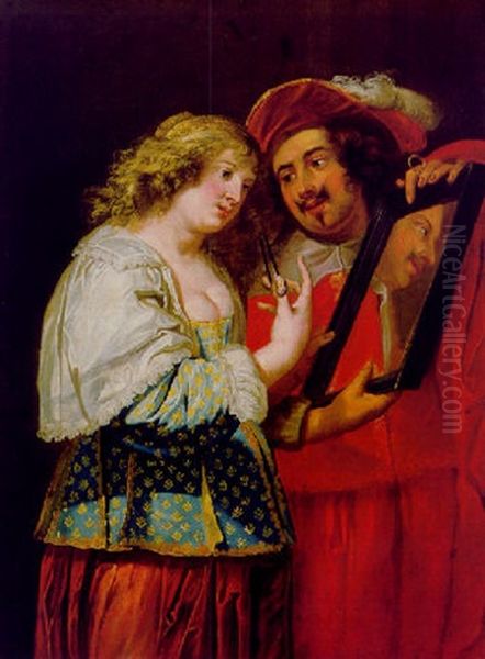 Ein Liebespaar, Der Kavalier Halt Seiner Dame, Die Sich Die Locken Wickelt, Einen Spiegel Vor Das Gesicht - view 1