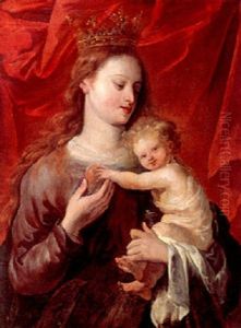 Madonna And Child Before A Red Curtain