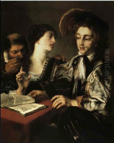 Scholar, Young Musician And A Companion Seated At A Table - view 1