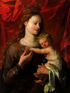 Maria Mit Dem Kind Vor Einem Roten Vorhang by Jan Cossiers