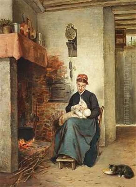 Et Landkokken Med Mor Og Barn Ved Ildstedet - view 1