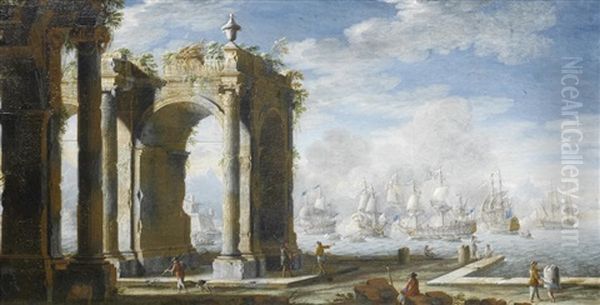 A Mediterranean Port Scenes With Classical Ruins And Naval Engagements Between Turks And Christians Beyond (2) - view 1