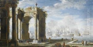 A Mediterranean Port Scenes With Classical Ruins And Naval Engagements Between Turks And Christians Beyond (2) A Mediterranean Port Scenes With Classical Ruins And Naval Engagements Between Turks And Christians Beyond (2)