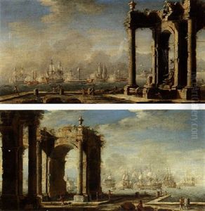 Mediterranean Port Scene With Classical Ruins And A Naval Engagement Between Turks And Christians Beyond Mediterranean Port Scene With Classical Ruins And A Naval Engagement Between Turks And Christians Beyond