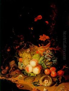 A Still Life With Peaches, Plums, Grapes, Nuts And Flowers With A Lizard Eating A Broken Egg From A Bird's Nest In The