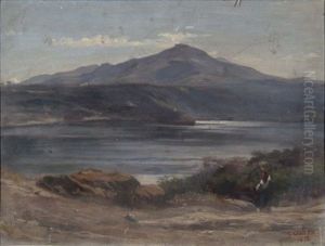 An Italian Lake View With Fisherwoman by Giovanni Costa