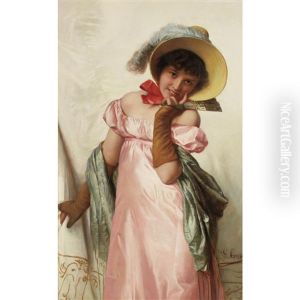 Lady In A Pink Dress And Fan by Giovanni Costa