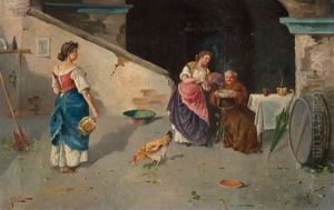 Il Pranzo (cortile Mit Zwei Jungen Neapolitanerinnen, Die Einem Geistlichen Ein Mahl Servieren) by Giuseppe Costa