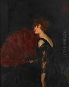 Lady With Red Ostrich Feather Fan by John da Costa