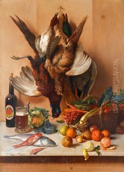 Tabletop Still Life With Game Birds, Ale, Fish, Vegetables And Fruit - view 1