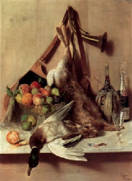 Still Life With Fruit, Game And Trumpet On A Marble Ledge - view 1